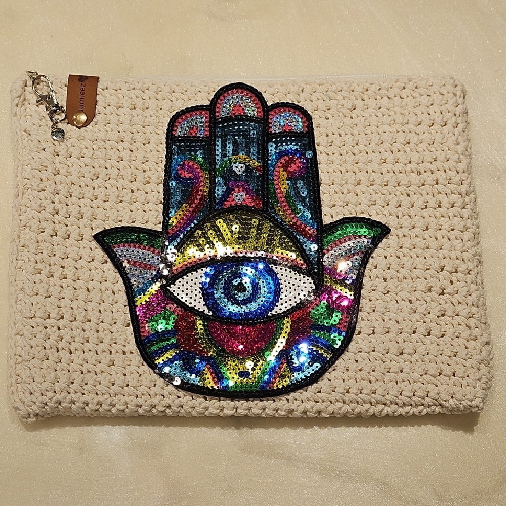 Handcrafted Cream Clutch with Colorful Sequin Design perfect for i pad
